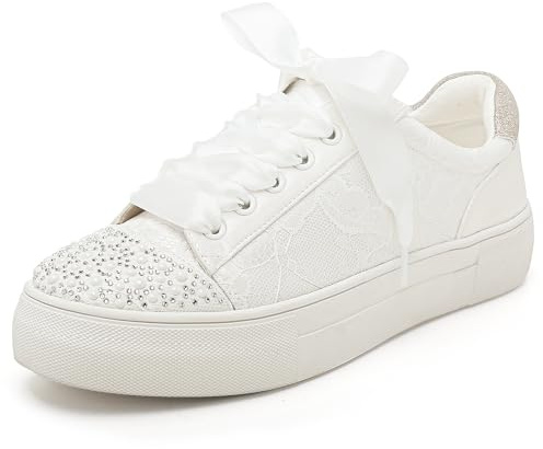 Elivandon 9994 Hochzeit Schuhe Spitze Braut Sneakers 3,7cm Plattform Braut Tennis Schuhe Sparkling Strass Hochzeit Sneakers Farbe Elfenbein,Größe 41 EU (7 UK)