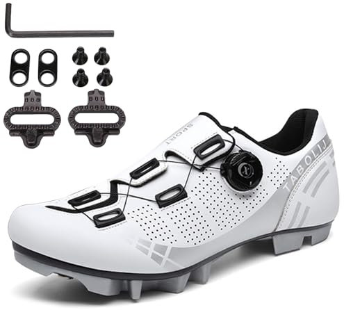 PENXZT Herren Damen MTB Schuhe, Fahrradschuhe Radschuhe Mountainbike Schuhe kompatibel mit SPD 2 Schrauben mit Cleats Radsportschuhe,Weiß,41 EU