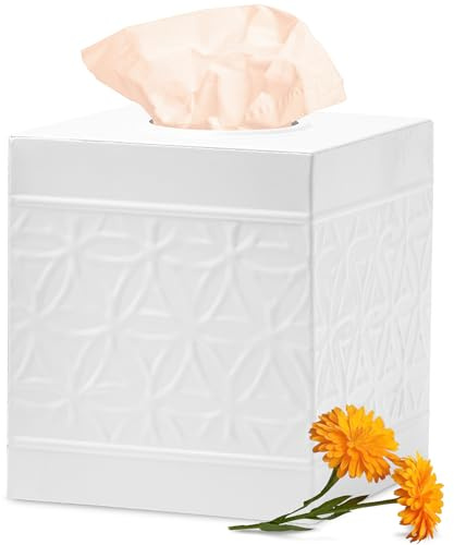 Autumn Alley White Tissue Box Cover Square, Bathroom Accessories, Decorative Tissue Holders for Bathrooms, Bedroom, Kitchen with Embossed Pattern Tissue Holders Decorative, Modern, White