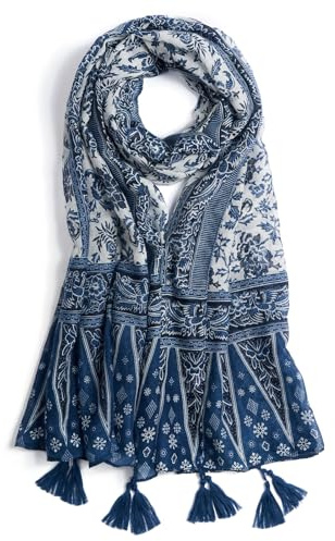 QIUTIMIY Schals für Damen Dünn Blumenmuster Bunte Schals und Tücher Halstuch mit Quasten für Frühling Sommerschal(Blume-Blau Weiß)