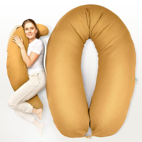 sei Design XXL Stillkissen 190x35 mit Musselin-Bezug ergonomisch. Schwangerschaftskissen Seitenschläferkissen Komfortkissen für Erwachsene. Stillkissenbezug aus 100% Bio-Baumwolle
