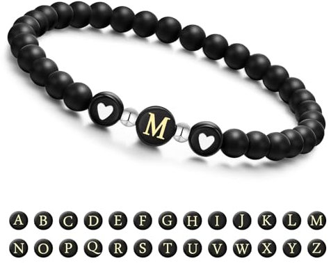 Armband Damen mit Buchstaben und Herz - Partnerarmbänder Freundschaftsarmband mit 6mm Naturstein Perlen Personalisierte Geschenke Armband Paare Mädchen bff Schwesterherz Mutter und Tochter (Schwarz-M)