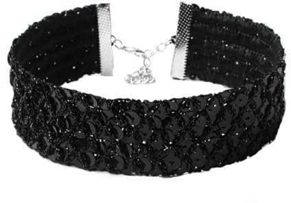 Jascatin Punk Pailletten Choker Halskette Kurze Perlen Halsketten Samt Kragen Schmuck für Frauen und Mädchen (Schwarz)