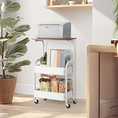 CADUKE Soporte para impresora con cestas de almacenamiento, carrito de impresora con ruedas bloqueables para escáner, mesa de impresora multifuncional para oficina, marrón y blanco