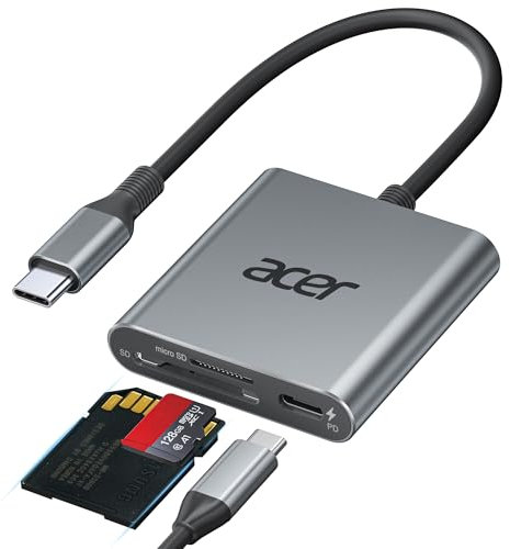 Acer UHS-II USB C SD Card Reader with 100W PD Port, 3-in-1 Type-C SD 4.0 Memory Card Reader Adapter for MicroSD SDXC SDHC MMC RS-MMC UHS-II & UHS-I Cards for iPhone 15, Macbook, Tablet, Cameras (Grey)