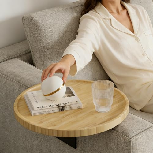 Semjar Bamboo Sofa Arm Tray Table,Adjustable Couch Armchair Tray for Thin & Wide Couches Arms,Round Wooden Sofa Armrest Side Table Couch Caddy Cup Holder for Chair