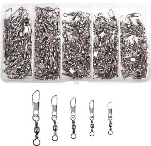 JJiaoLinin Émerillon de Pêche, 100PCS Emerillons Baril de Pêche et Agrafes de Pêche Interlock à Connecteurs, Emerillon Peche Mer，Connecteur de pêche - 5 Tailles 6# 8# 10# 12# 14#