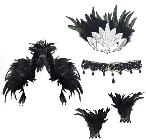 ZITUZY Schwarze Federumhang mit Feder-Manschetten Spitzenhalskette Federmaske, Maskerade Cosplay Kostüm, Gothic Feder Achselzucken Schal für Damen Halloween Karneval Maskerade