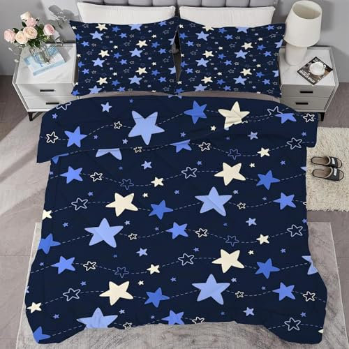 Bettdecke 200x220 Ohne Bezug Nutzbar, Sterne Und Sternenhimmel Bettdecken Waschbar Ganzjahresdecke Blau 4 Jahreszeiten Steppdecke, Bettzeug Microfaser mit 2 Kissenbezug für Sommer Winter Doppelbett