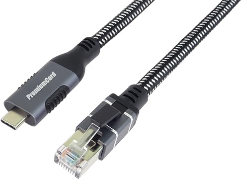 PremiumCord Câble Ethernet USB-C Vers RJ45 10/100/1000 Mbit/s, Cat 6 FTP, USB-C Mâle Vers RJ45 mâle, 3.2 Gen 1, Câble Tressé Robuste, Couleur Space Grey, Longueur 2 m