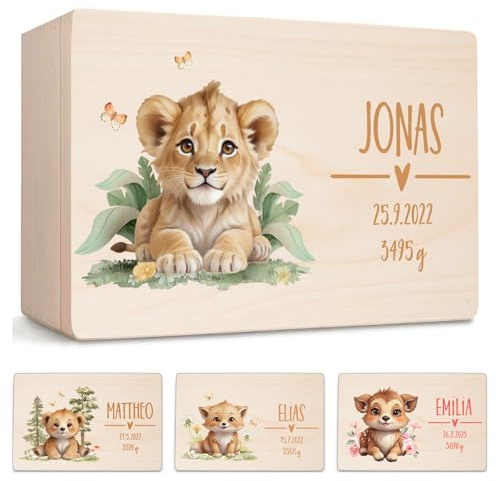 Little Deco Erinnerungsbox Baby Holzkiste mit Dschungel Löwe | L - 40 x 30 x 22 cm | personalisiert mit Namen Geburt & Taufe für Mädchen und Jungen XHL1010-03L