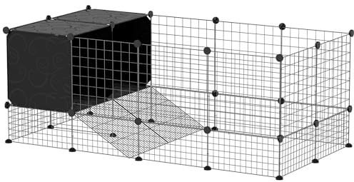 PawHut Rabbit Run, Pet Playpen, Small Animal Cage Enclosure, C&C Cage with Elevated Huts, 31 Panels, for Guinea Pigs, Hedgehogs, for Indoor Use