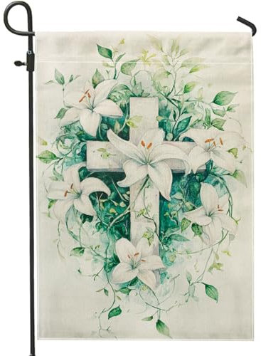 Faithful Drapeau floral de jardin, croix de lys blancs, décoration d'intérieur, drapeaux de jardin, drapeau de cour, drapeau de cour, printemps extérieur, pelouse, décoration 30,5 x 45,7 cm