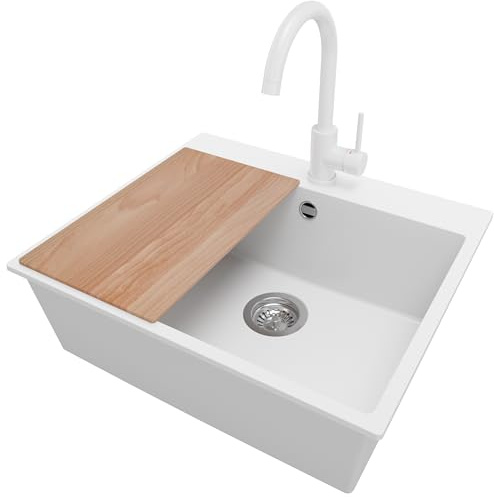 PRIMAGRAN Fregadero Granito al Mueble 60cm + Grifo, 58x50cm | Set: Grifo BW5010 + Kit de desagüe (sifón, válvula, rebosadero) + Tabla de Cortar + Riga 1 Seno para Cocina, Blanco