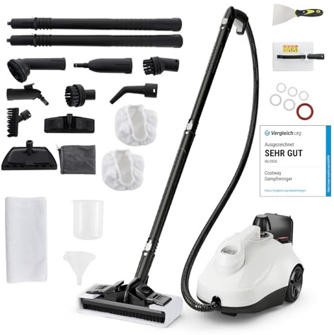 COSTWAY Nettoyeur Vapeur Portable de 2000W Roulante (Blanc) | Machine à Nettoyer à Vapeur Pression Haute de 5 Bars avec Accessoires & Réservoir de 1,8 L, pour Sol Fenêtre Verre Tapis