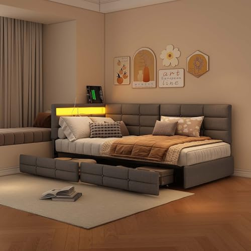 Vadderad bäddsoffa 90 x 200 med LED-belysning och USB-kontakt, ungdomssäng 90 x 200 med ribbotten, spjälsängar, extrasäng, sängram med ribbotten (grå, 90 x 200 cm)
