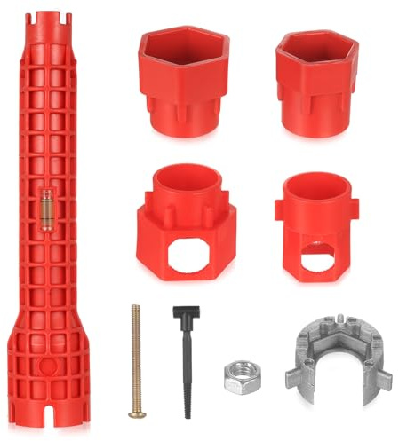 JiuXinYuKeJi 14-in-1 Faucet Wrench Tool,Sink Tap Spanner for Tight Space | Multi-function tool for sink, bathroom & kitchen. Comfortable grip. Ideal for tap installation & repair. Red, sturdy.