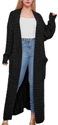 Minetom Gilet Long Femme Pull Tricot Cardigan Automne Hiver Manches Longues Chaud Pull Manteau Veste Longue avec Poches A Noir XXL