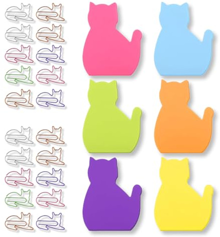 ZORVYN 6er Pack Haftnotizen mit niedlichen Katzen und 20 Büroklammern, Kawaii Tier Selbstklebe Notizblöcke, Haftnotizblöcke, Markierungen Flaggen Index Tabs für Schule und Zuhause (180 Blatt)