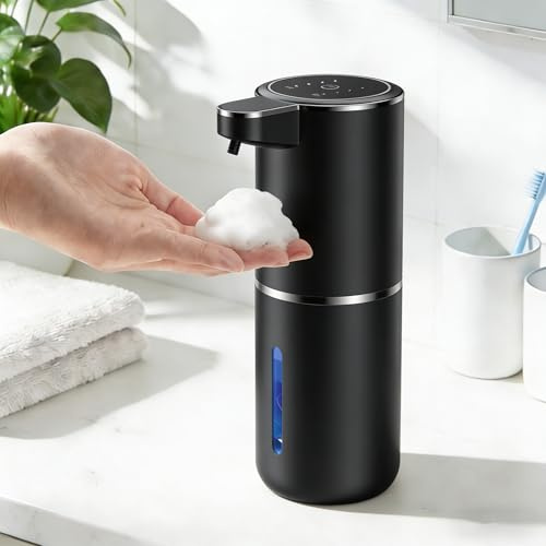 Fantictas Seifenspender Automatisch Wandbefestigung mit Sensor Infrarot,380ml Elektrischer Seifenspender ohne Bohren mit USB Wiederaufladbar,IPX5 Wasserdicht für Bad Toilette Küche-Schwarz