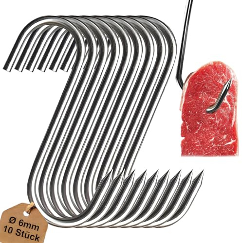 50 kg Belastbar - Fleischerhaken Edelstahl mit Spitze, 10 Stück Fleischhaken - 18cm | Ø 6mm - S Haken Edelstahl, Fleischereibedarf Räucherhaken für Forellen, Räucherhaken, Hängehaken, Metzgerhaken