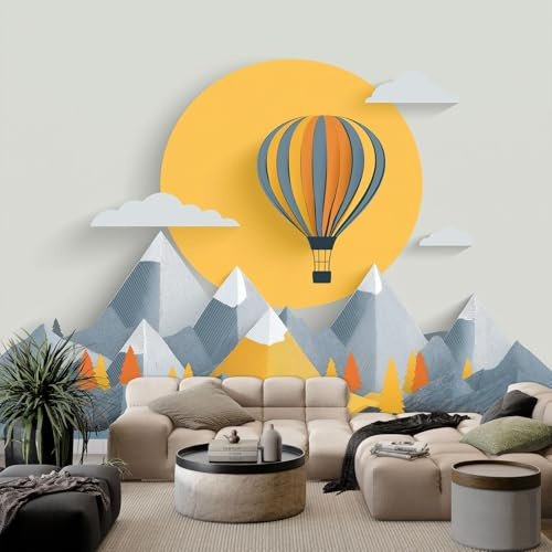Papel Pintado Panorámico Geometría montañas globos aerostáticos 250x175 cm Fotomurales No Tejido, Murales Decoración Póster Pared Personalizado 3D Para Salón Dormitorio