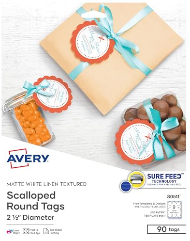Avery Printable Blank Scallop Round Gift Tags with Sure Feed, 2.5 Diameter, Textured White, 90 Customizable Tags (80511)