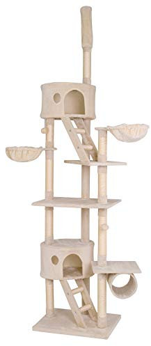 lionto Kratzbaum XXL für Katzen mit Sisal & Plüsch, Höhe 230-250 cm, Katzenbaum mit Plüschbällen inkl. Glöckchen & Hängematten, Tunnel & Höhlen, für kleine & große Katzen geeignet, beige