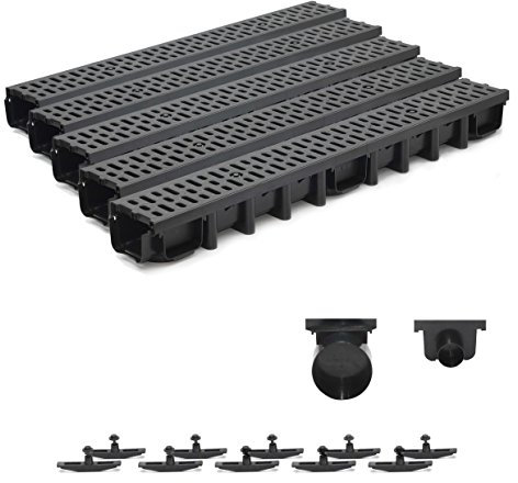 5m Entwässerungsrinne für modulares System A15 98mm, komplett Stegrost Kunststoff, Schwarz Classic