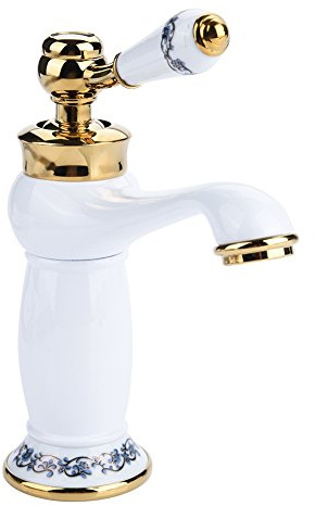 Wasserhahn aus Messing, Antik-Optik, für Badezimmer, Blau und Weiß, Porzellan, langer Hals, Mischbatterie, Vintage, Küche, Kaltwasserhahn, Weiß