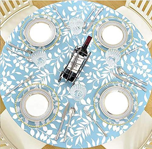 Cozomiz Elastische Runde Tischdecke Gartentischdecke Rundtischdecke wasserdichte rutschfeste Abwischbar Schmutzabweisend Tischdecke für Esszimmer, Küche und Picknick 95cm-110cm Blätter Blau