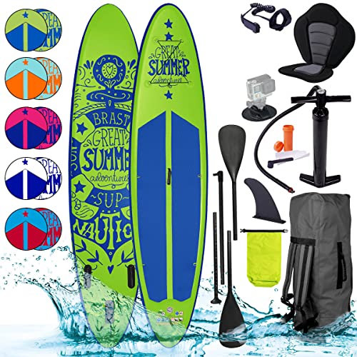 BRAST® SUP Board Summer | Aufblasbares Stand up Paddle Set | 320x81x15cm viele Modelle | 5 Jahre Garantie | inkl. Sonderzubehör | 2in1 Paddel Kajak-Sitz Action-Cam-Halterung Fußschlaufe | Grün