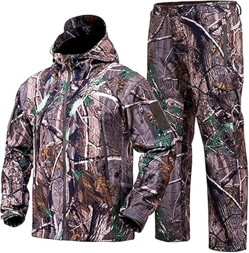 NXDRS Herren Camouflage Hide Jagdbekleidung Camouflage Jagd Hoodie Jacke und Hose Winddichter Mantel(Tree Camo,XXL)
