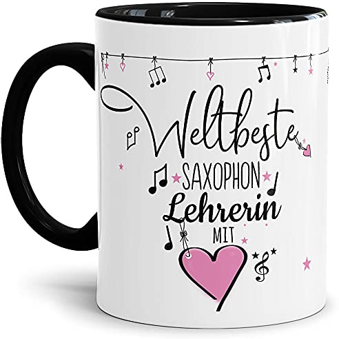 Berufe Tasse - Weltbeste Saxophon Lehrerin - Geschenk für die weltbeste Musiklehrerin, Musikunterricht, Lehrerin - Keramik Innen & Henkel Schwarz, 300 ml I Saxophon
