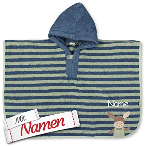 LALALO Sterntaler Bade Poncho Esel Emmilius mit Namen bestickt, Badetuch, Baby Kinder Badeponcho Babyhandtuch Kapuzenbadetuch Badehandtuch personalisiert, Blau Grün Gestreift