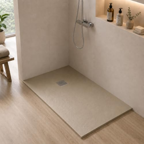Piatto doccia marmoresina con effetto pietra serie Karen, in diverse dimensioni e colori, spessore ultraslim 3 cm, riducibile su misura (80x170, Beige)