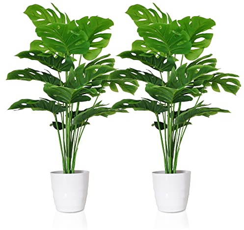 SAJANDAS Set of 2 Artificial Monstera Deliciosa Plants in Plastic Pots, Fake Tropical Palm Tree with Greenery Leaves Stems, 28 Inch Artificial Cheese Plant for Home Bathroom, Office, Windowsill Decor