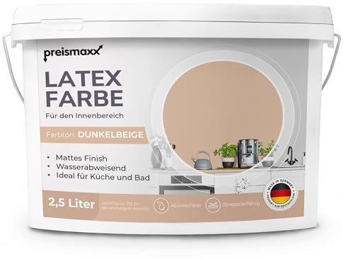 Preismaxx Latexfarbe Beige abwaschbar hohe Deckkraft Wandfarbe matt 2,5l | Abwischbar Küche, Bad, Flur, Treppenhaus Kinderzimmer, strapazierfähig, flecken entfernen leicht zu reinigen hohe Deckkraft