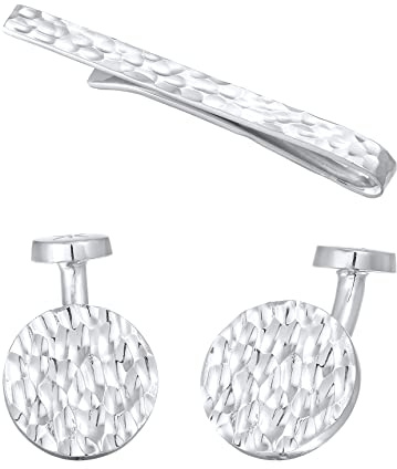 Kuzzoi Manschettenknöpfe Coin Design & Krawattennadel für Herren im gehämmerten Look, Herren Accessoire Set aus 925 Sterling Silber, Stilvolles Männer Geschenk für Hochzeit und Geburtstag