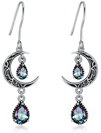 VONALA Crescent Moon Earrings 925 Sterling Silver Celtic Moon Dangle Drop Earrings Emerald Dangling Earrings Celtic Jewelry Gifts for Women Teens Girls (Colorful Zircon)