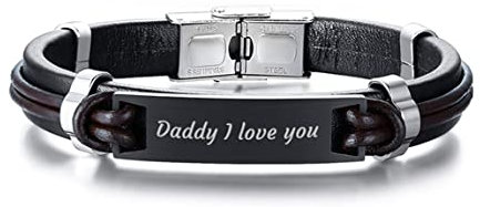 Armband Edelstahl Männer, Lederarmband Herren Breit Schwarz Erkennungsmarke mit Gravur Daddy I Love You Geschenk Zum Valentinstag