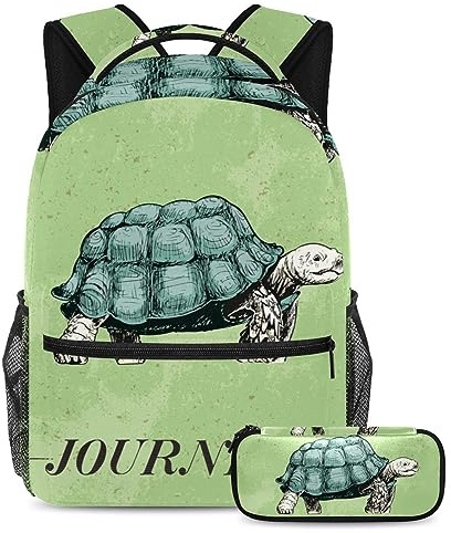 VAPOKF Schulranzen-Set für Teenager, Mädchen, Jungen, Schüler-Büchertasche, Rucksack mit Federmäppchen für die Schule – Reise Reise Schildkröte Vintage Grün, multi, Einheitsgröße, Schulranzen-Sets