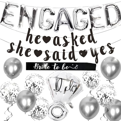 LaVenty 19 PCS Black Engaged Balloons Gothic Engagement Decorations Bride To be Party Decoration Balloon Banner Garland Bride To Be Sash Bridal Shower Engagement Party
