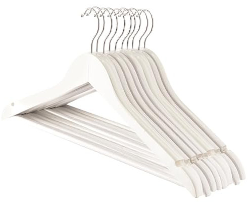 Harbour Housewares Strong White Wooden Coat Hangers with 360 Degree Rotatory Hook | Pack of 10 | Wood Clothes Hangers with Round Trouser Bar and Non Slip Shoulder Notches Wardrobe Storage