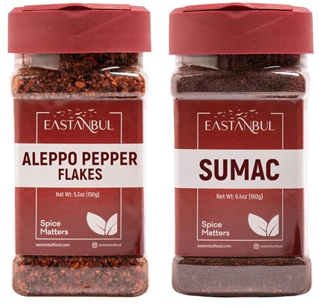 Aleppo Pepper and Sumac, Aleppo Pepper Flakes 150g, Sumac 180g, Spice Set of Pul Biber and Sumak Seasoning, Moderate Heat Crushed Turkish Red Chili, Spice Buddies