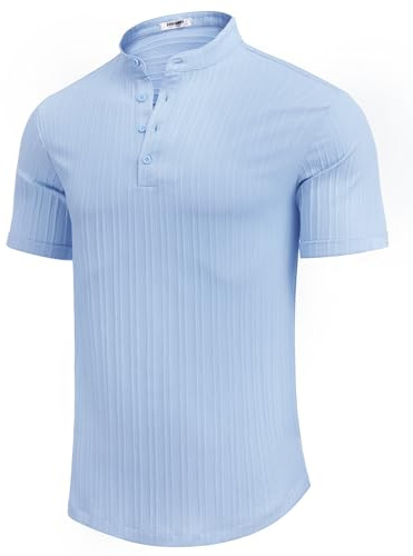 COOFANDY Mens Casual Short Sleeve Shirts Henley Shirt Band Collar Summer Beach Textured Shirts Light Blue S