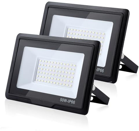 treoir Focos LED Exterior 50W, Superbrillante 5000LM Foco LED, IP66 Impermeable Proyector 6000K Blanco Frío Focos para Garaje, Jardín, Patio, Estacionamiento(2pcs)
