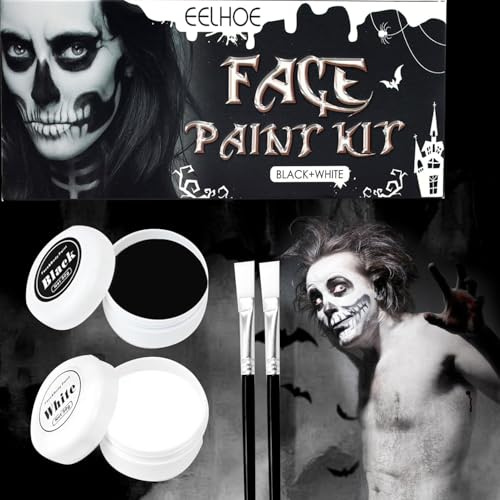 Halloween Schminke Schwarz Weiß, Halloween Make up mit 100g und 2 Pinseln, Theaterschminke weiß & Schwarz für Gesicht Kinder & Erwachsene, Skelett, Vampir, Clown, Fasching Schminke