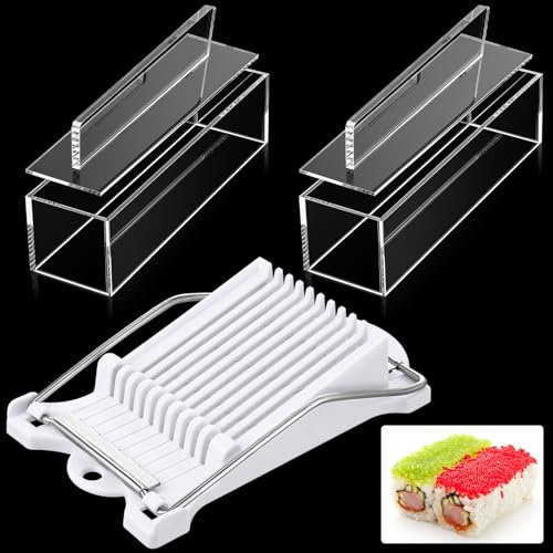 Jinei Musubi Maker Kit, 2 Acrylic Musubi Mold and 1 Luncheon Meat Slicer Stainless Steel Wires Non Stick Musubi Maker Press Bpa Free Sushi Making Kit Onigiri Mold (19.5 x 5.5 x 5 cm,Flat Handle)