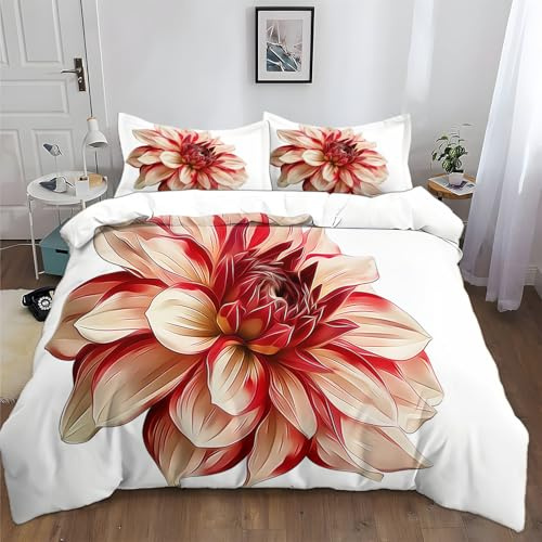 Generisch Bettwäsche-Sets 135x200cm Blumen Dahlie Rot 3teilig Bettbezug Mikrofaser Bettwäsche mit Reißverschluss und 2 Kissenbezüge 80x80 cm für Jugendliche Kinder